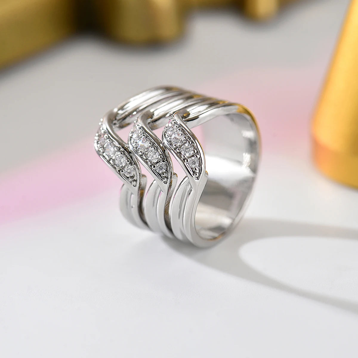 Obega Multi-Layer Leaf Shaped Ring — Paved Zirconia Wide Band Jewelry