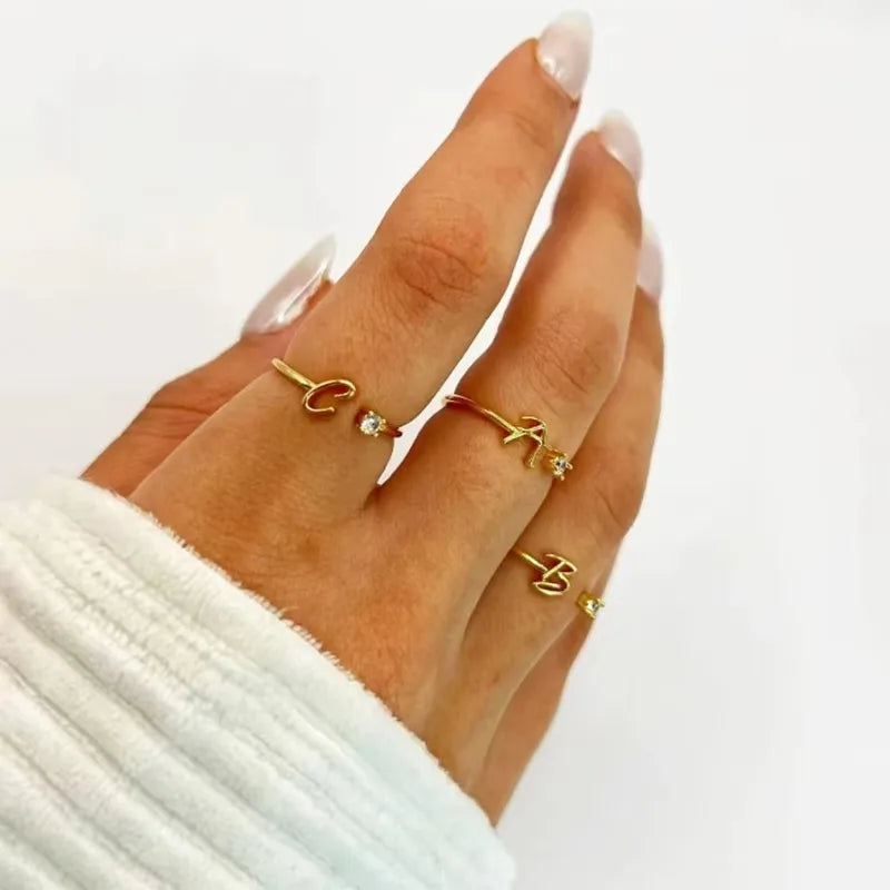 ICFTZWE Zircon Initial Letter Rings — Adjustable Stainless Steel Jewelry