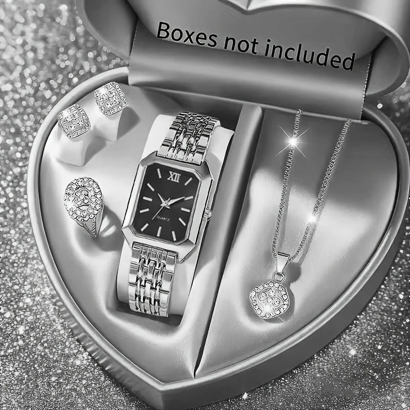 Women's Elegant Rhinestone Jewelry Set — Quartz Watch, Necklace, Ring & Earrings