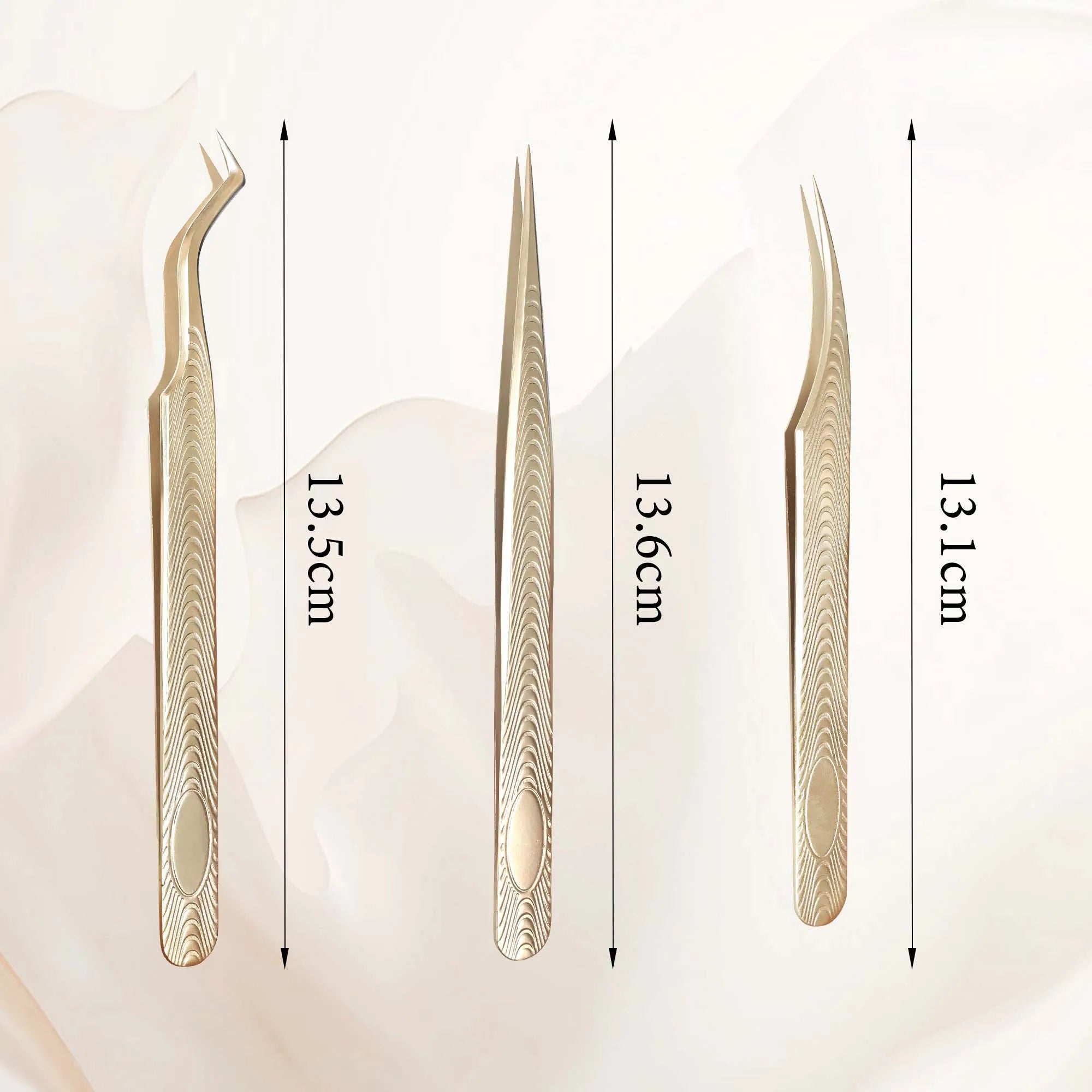 Gold Stainless Steel Eyelash Extension Tweezers — Anti-Slip Wood Grain Design