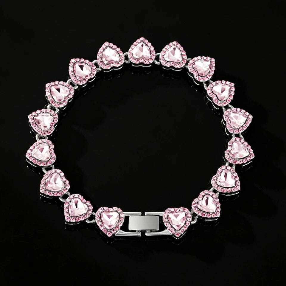 Hip Hop Rhinestone Heart Jewelry Set — Tennis Chain Necklace and Bracelet