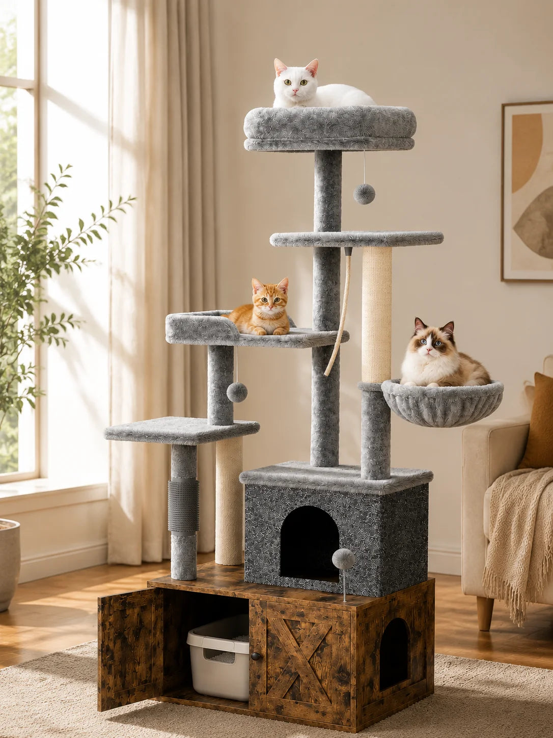 3-in-1 Modern Cat Tree — Hidden Litter Box & Activity Center