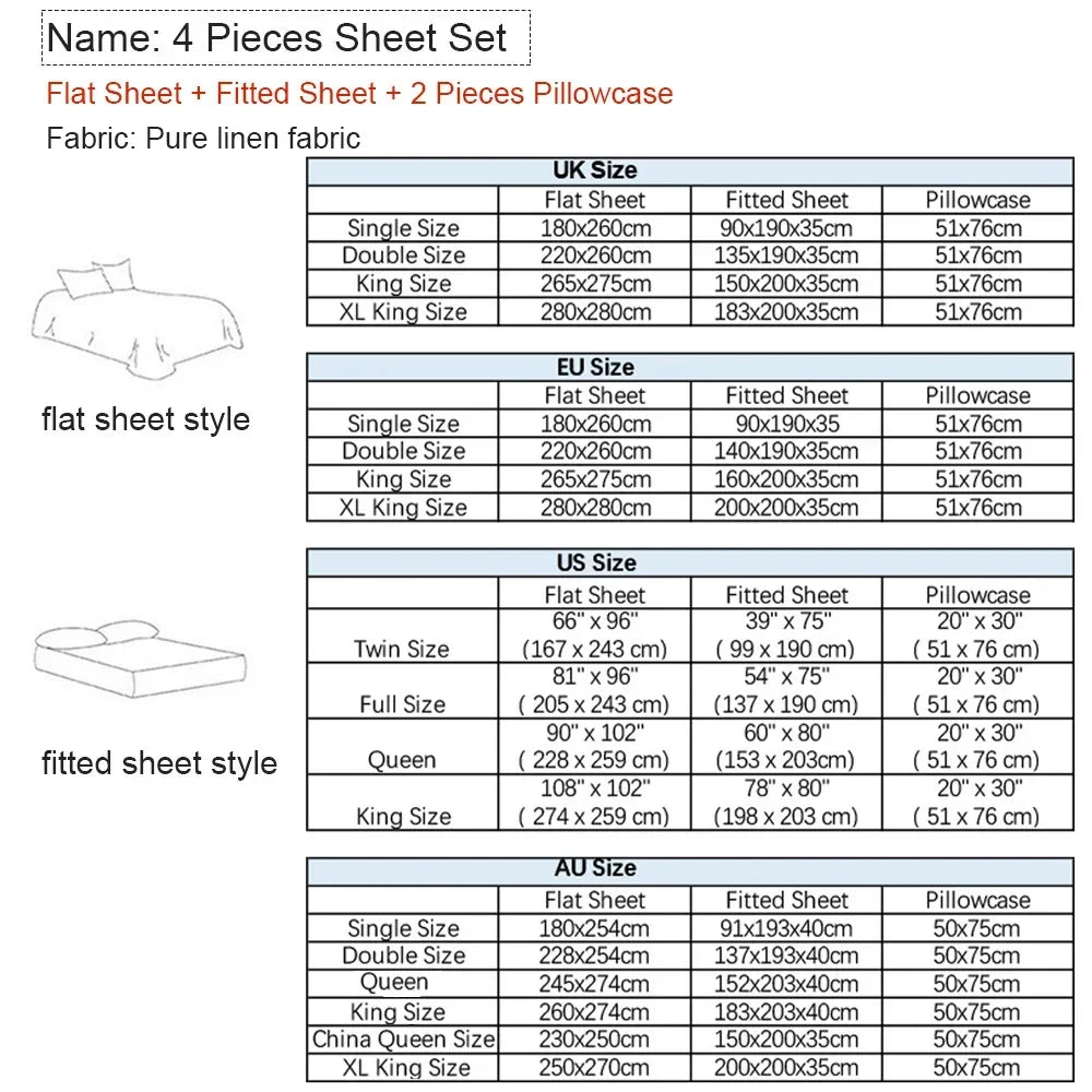 Pure Linen Bed Sheet Set — Breathable 4-Piece Flax Bedding Collection