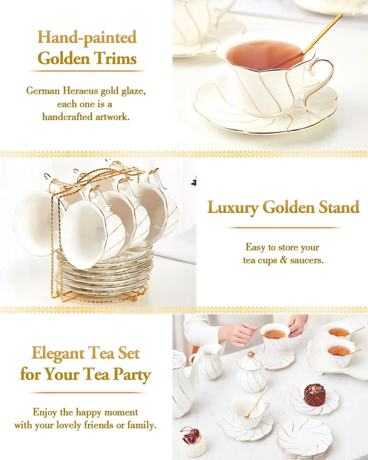 IOSN Luxury White Porcelain Tea Set — 22-Piece British Style with Gold Trim