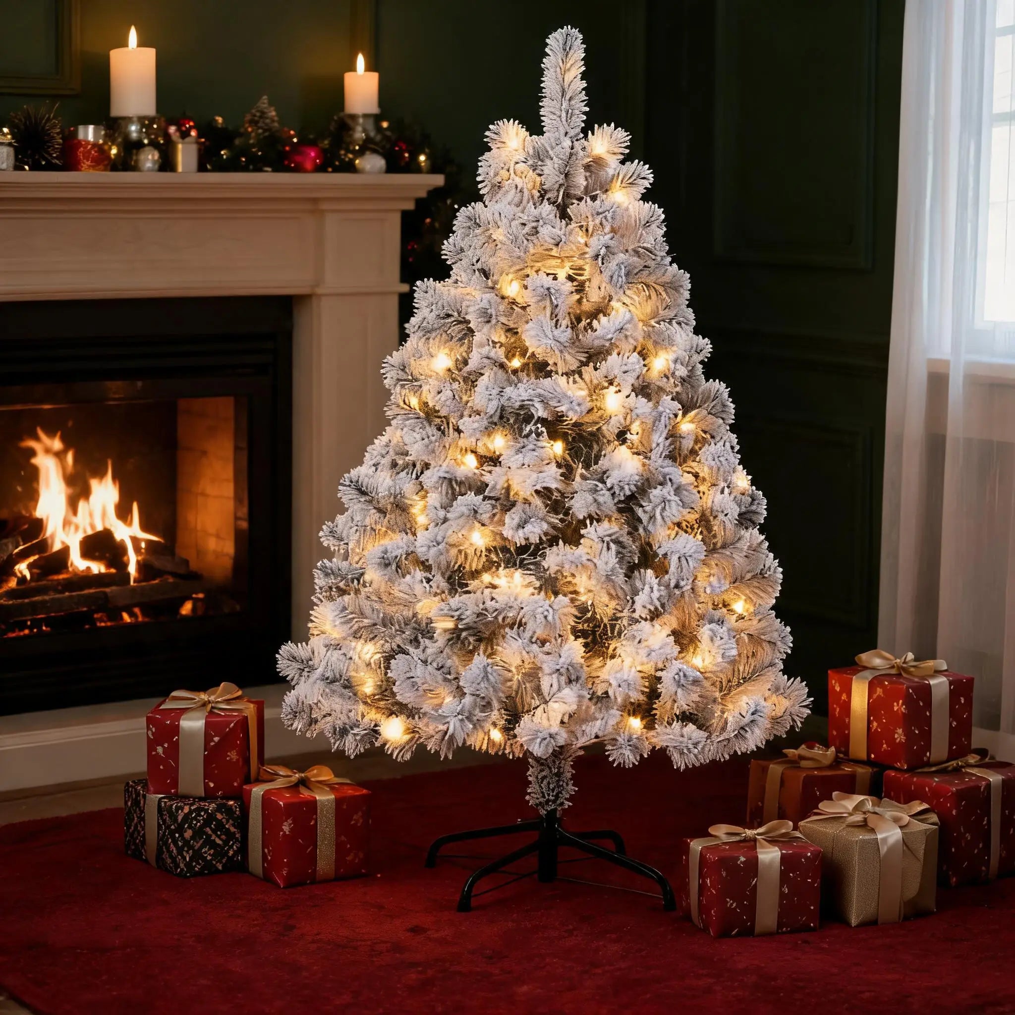 GAOMON 6FT Pre-Lit Snow Flocked Christmas Tree — Warm White LED Holiday Decor