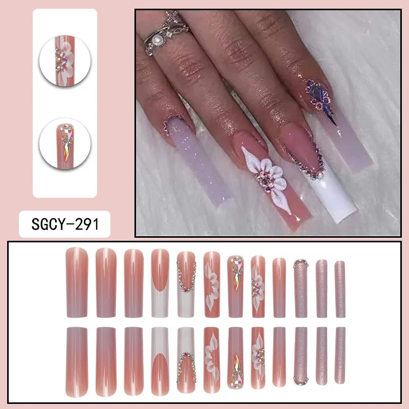 Ultra Long Coffin Press On Nails — 3D Butterfly & Floral Design, 24 Pieces
