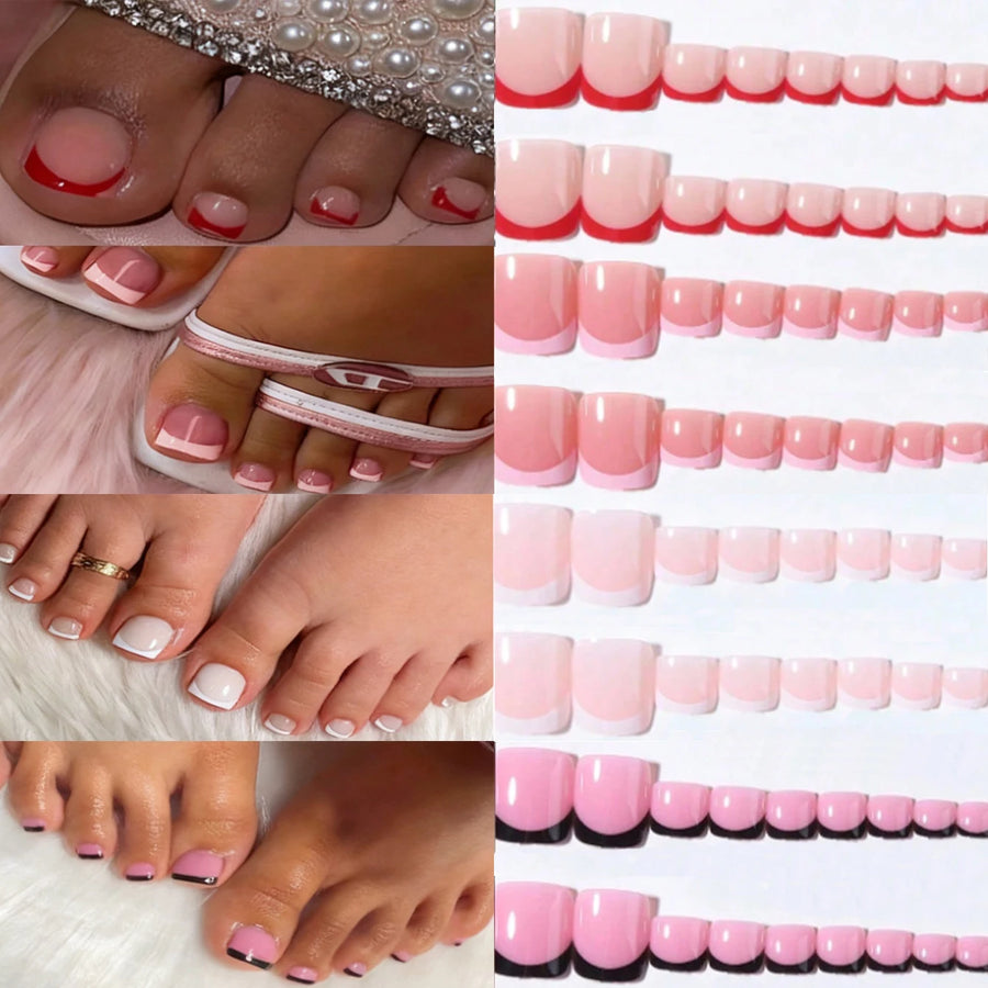 96-Piece French Tip Press On Toenails — Square Acrylic Artificial Nail Set