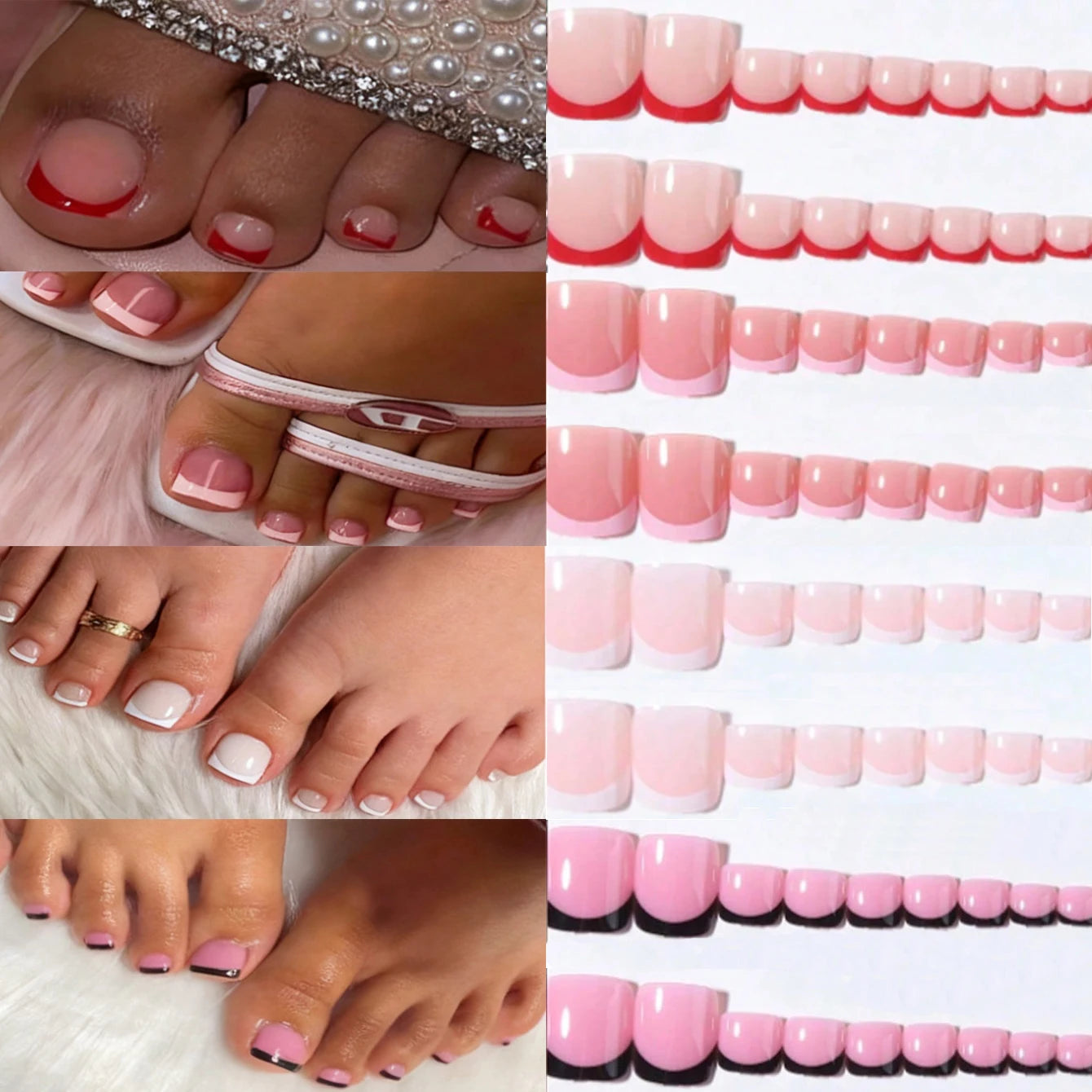 96-Piece French Tip Press On Toenails — Square Acrylic Artificial Nail Set