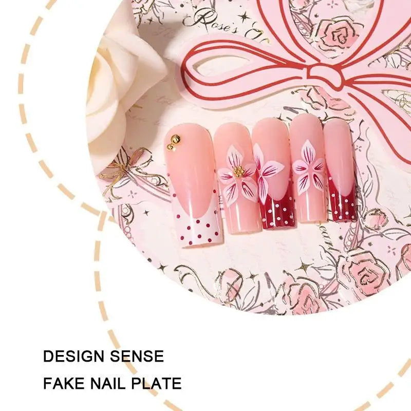 Floral and Polka Dot Press On Nails — Long Coffin Style Manicure Set