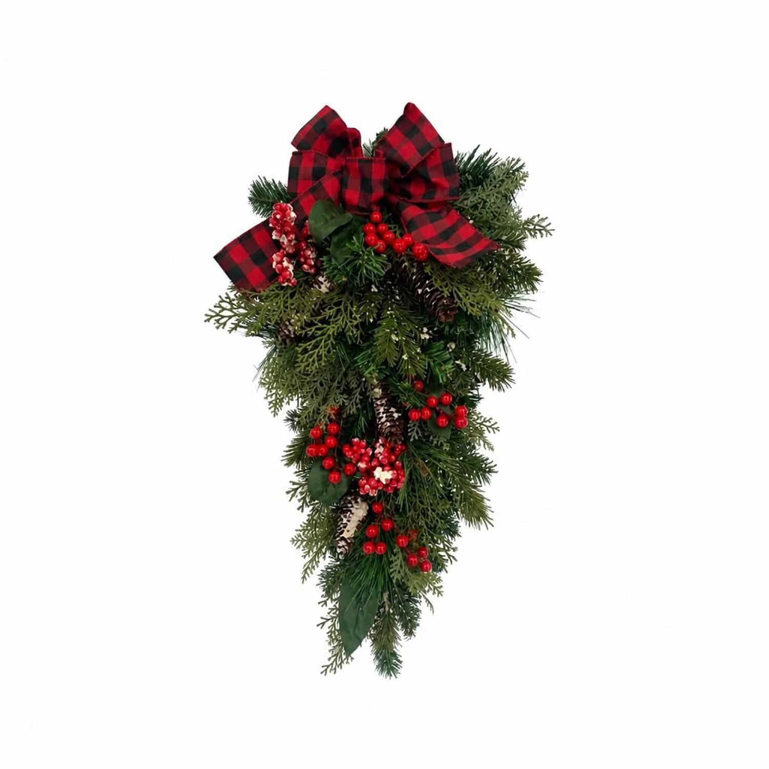 HiMISS 30 Inch Farmhouse Christmas Teardrop Swag — Rustic Plaid Bow & Evergreen Decor