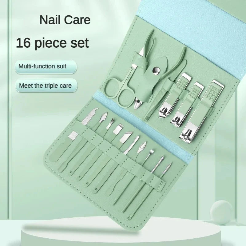 Professional 16-Piece Manicure Set — Stainless Steel Grooming Kit with Leather Case