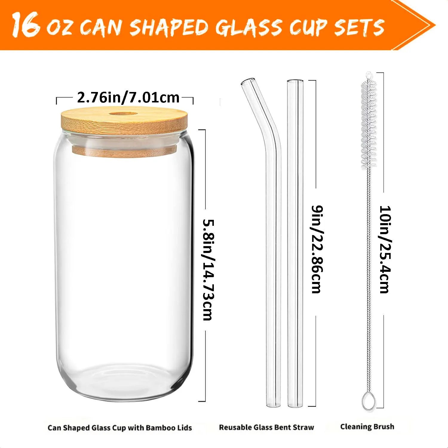 Glass Drinking Cup Set — 16oz Glasses with Bamboo Lids and Glass Straws