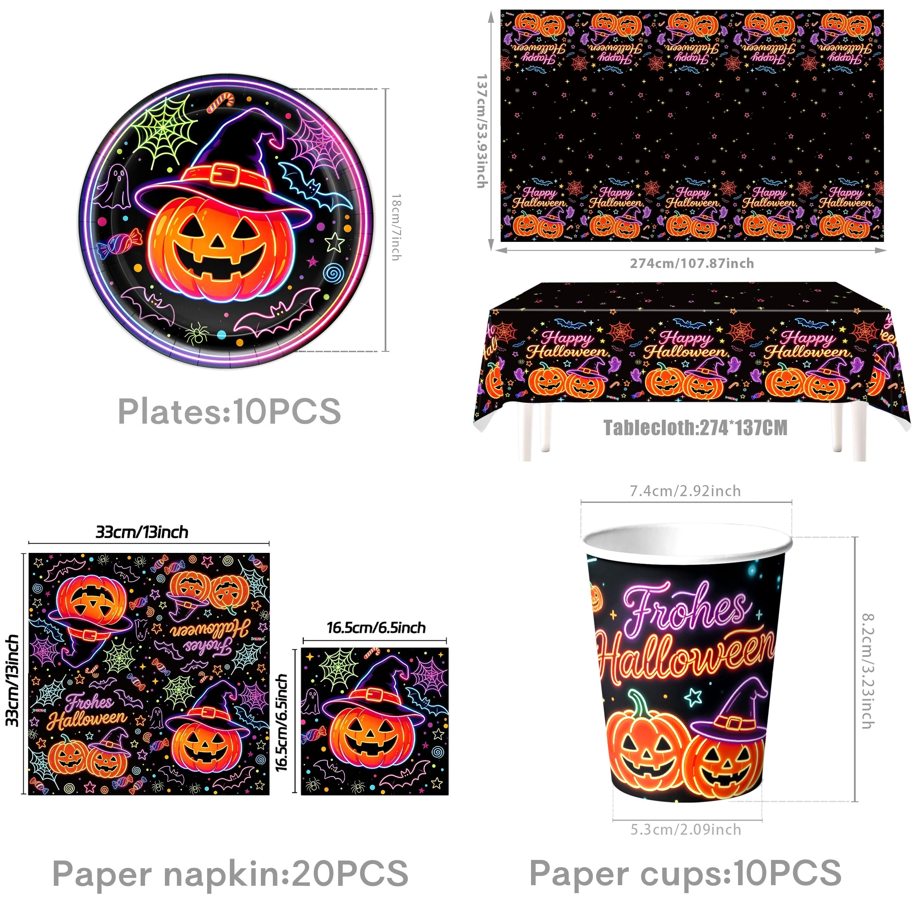 RENYUAN Neon Pumpkin Disposable Tableware Set — Festive Party Decor