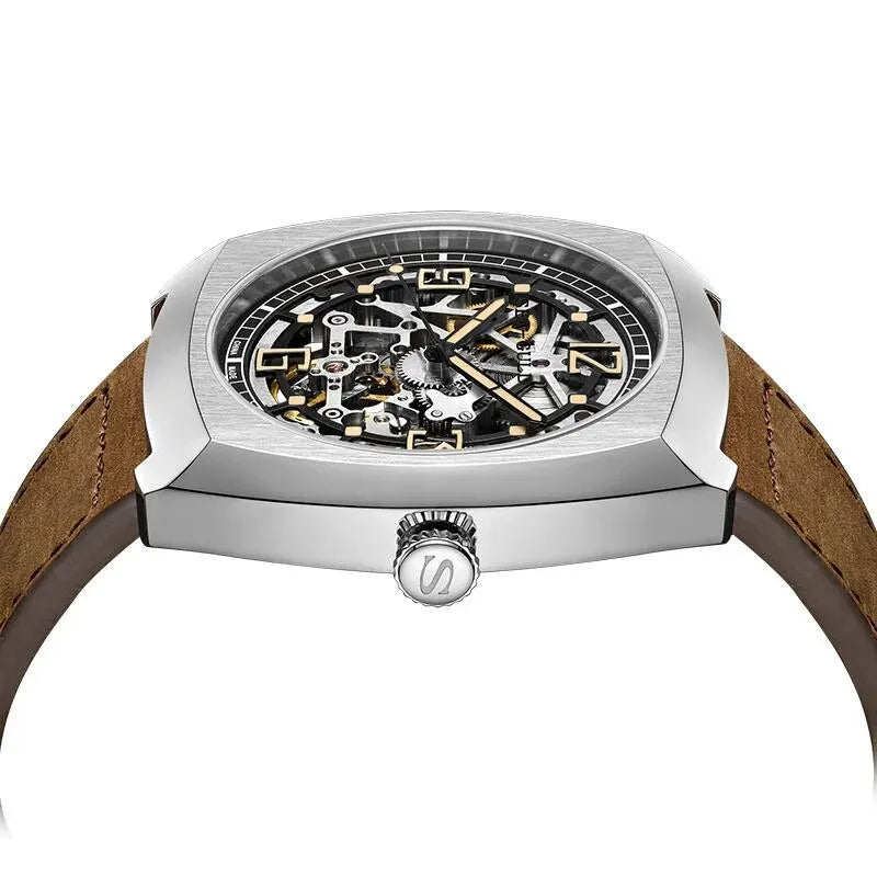 Sea-Gull Tonneau Skeleton Watch — Automatic Mechanical Men's Wristwatch
