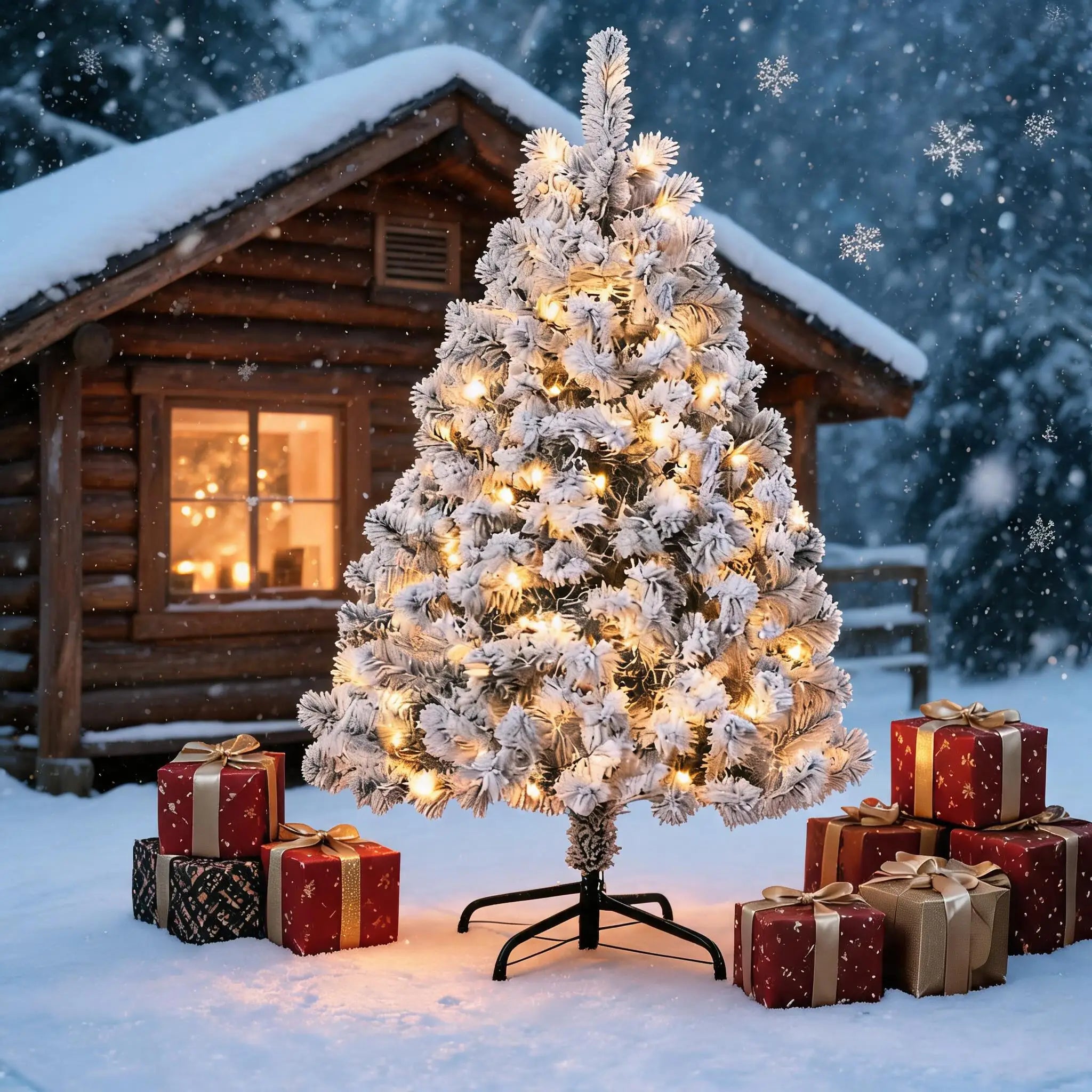 GAOMON 6FT Pre-Lit Snow Flocked Christmas Tree — Warm White LED Holiday Decor