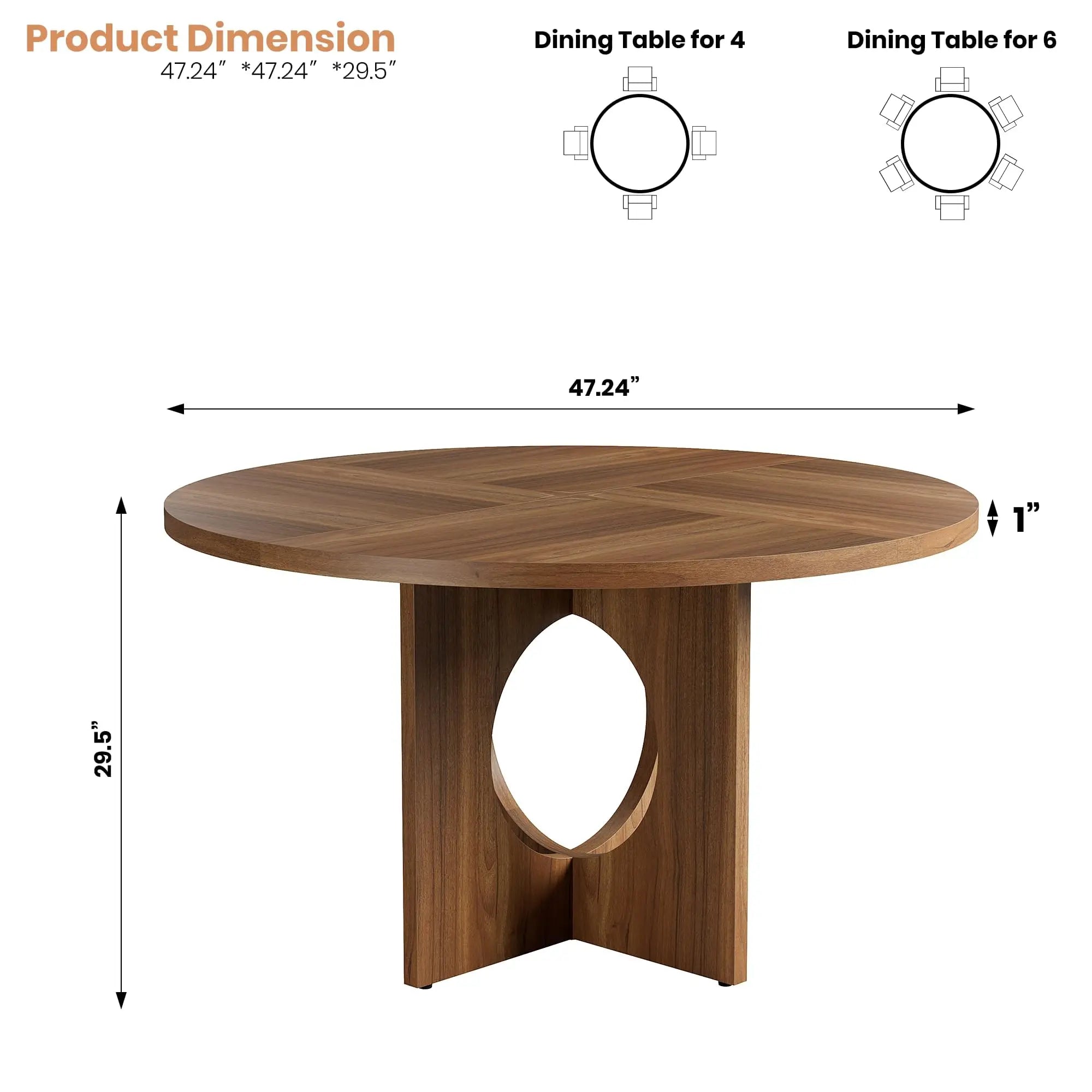 Round Wood Dining Table — 47-Inch Farmhouse Pedestal Table for 4-6 People