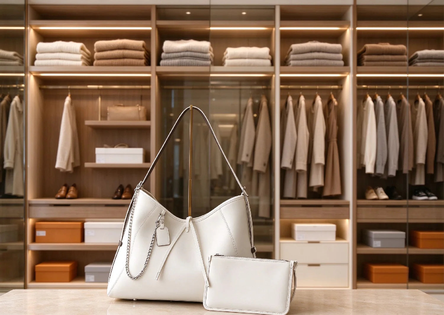 Off-White Large Hobo Tote — Genuine Leather Shoulder Bag with Mini Pouch