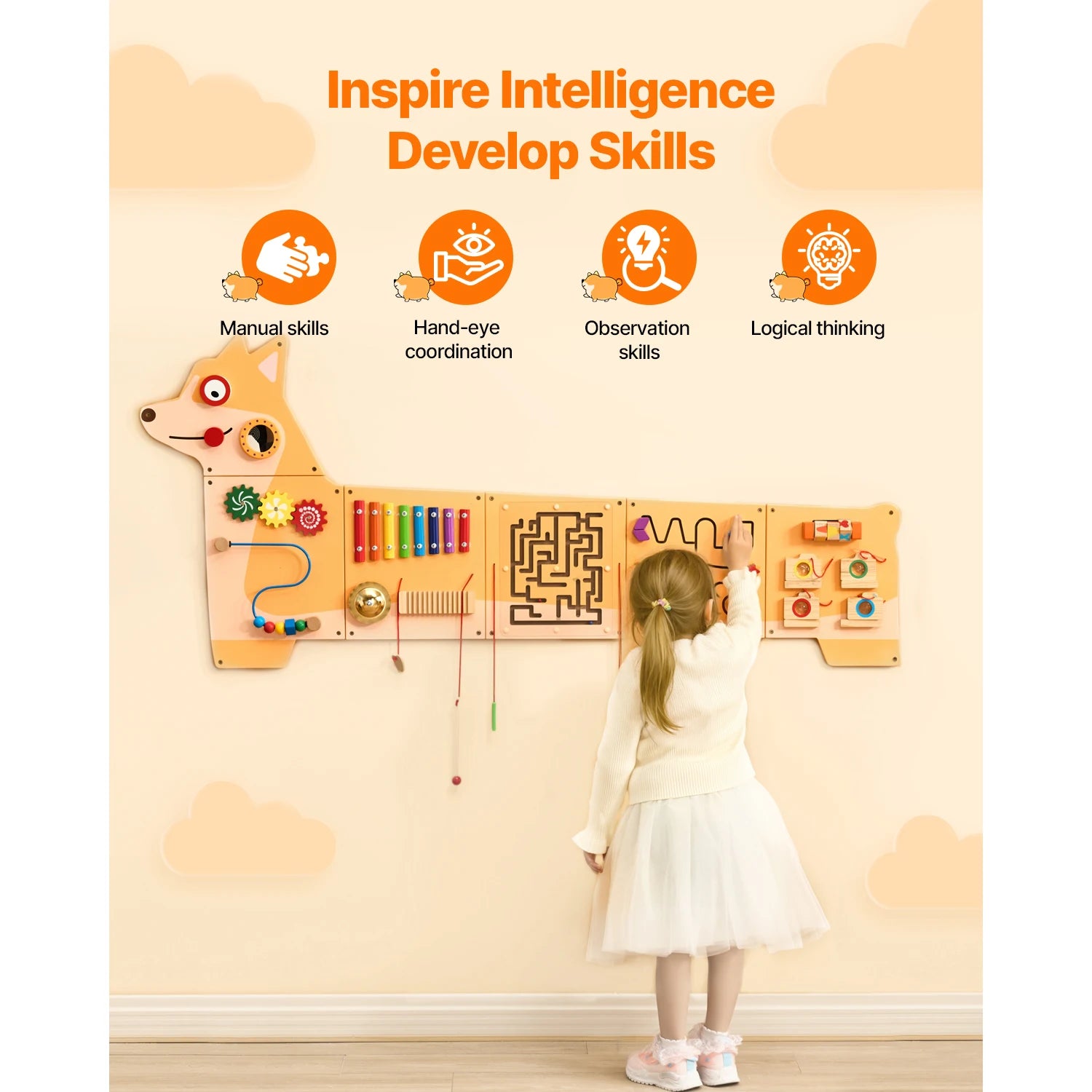SucceBuy Puppy Kids Wall Busy Panels — 12 Activity Montessori Sensory Board