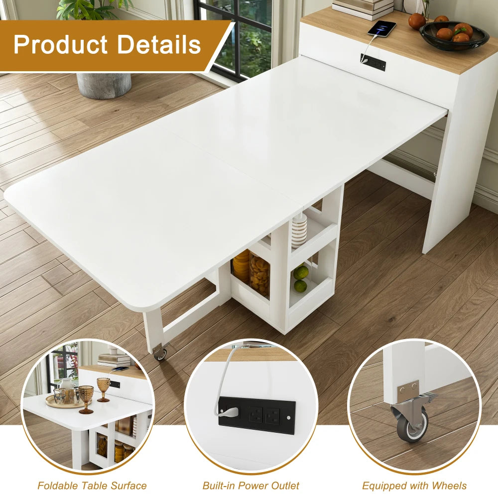 Orraves Extendable Dining Table — Space-Saving Kitchen Island with Power Socket