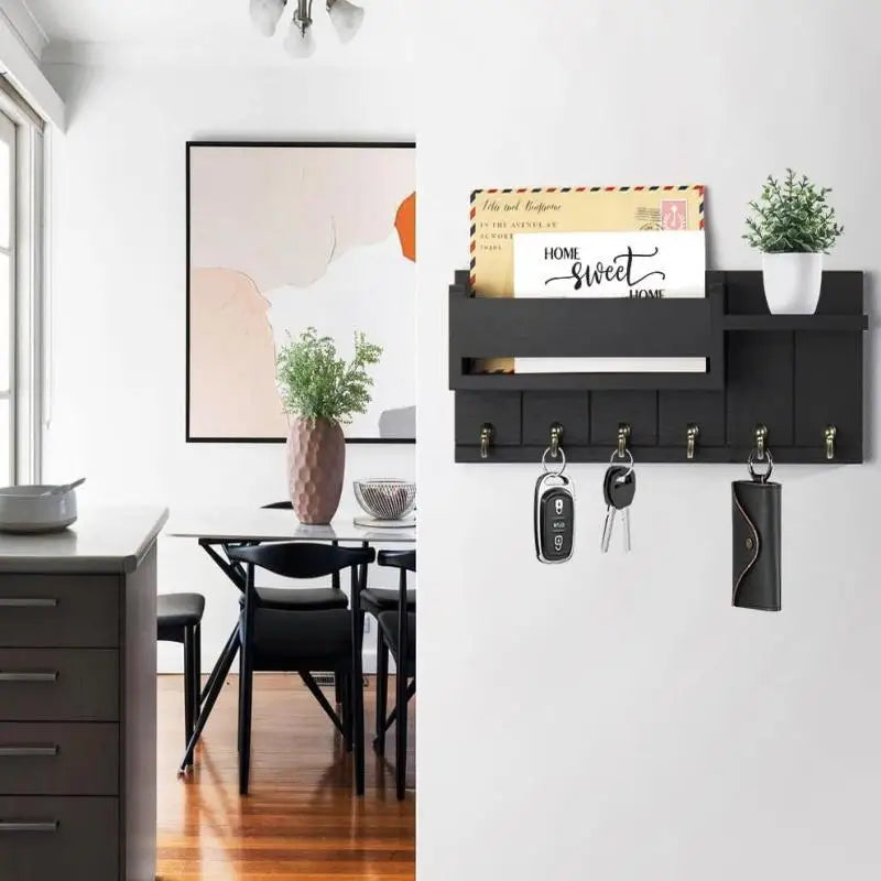 Wooden Wall Mounted Key Holder — Entryway Organizer with Shelf and 6 Hooks