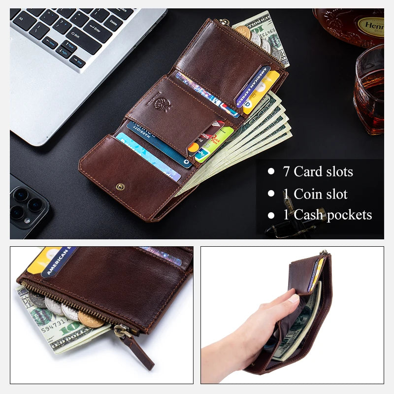 SCHLATUM Genuine Leather Men's Wallet — Minimalist Tri-Fold Design with RFID Protection