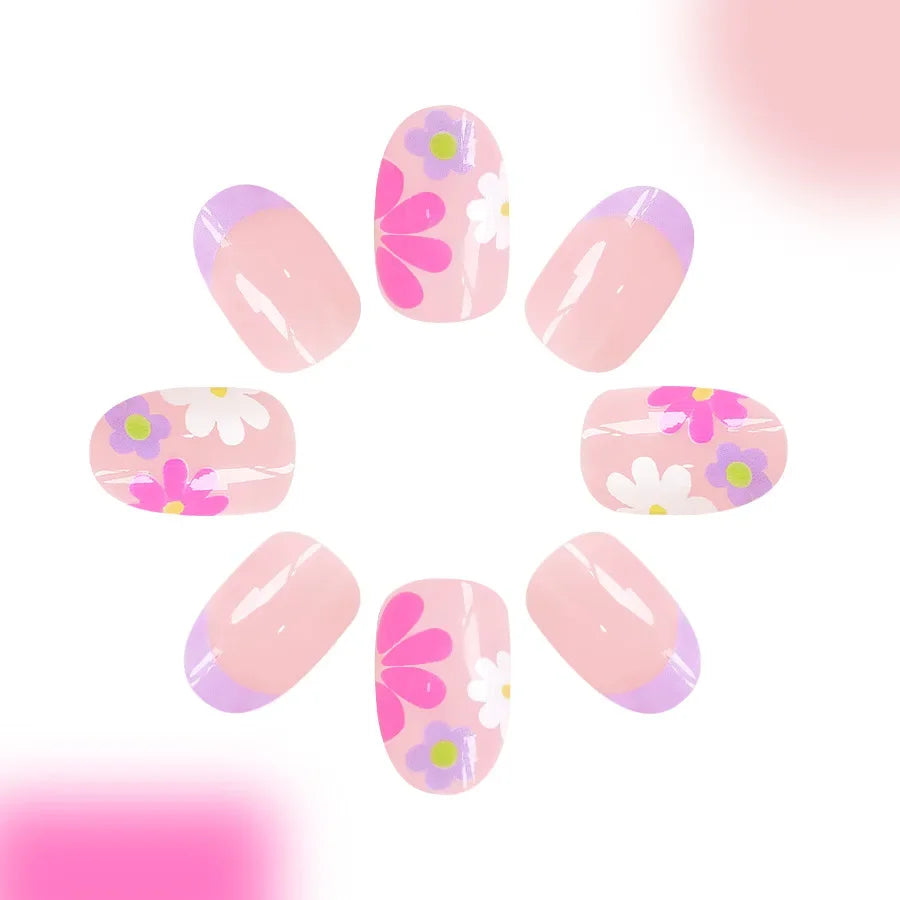 Pink Floral Press-On Nails — Short Almond French Tip Fake Nail Set