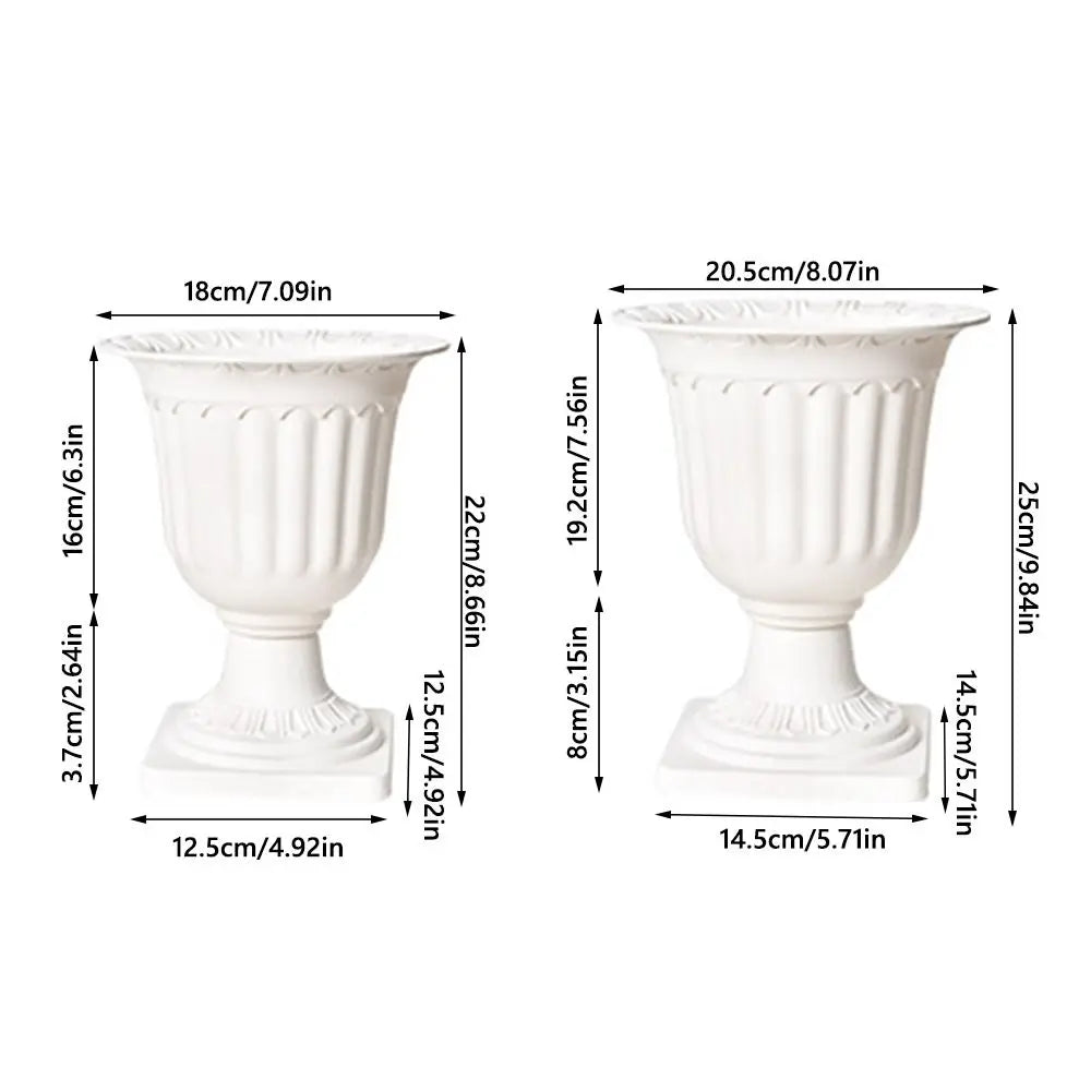 Roman Style Pedestal Flowerpots — Set of 2 White Plastic Planters