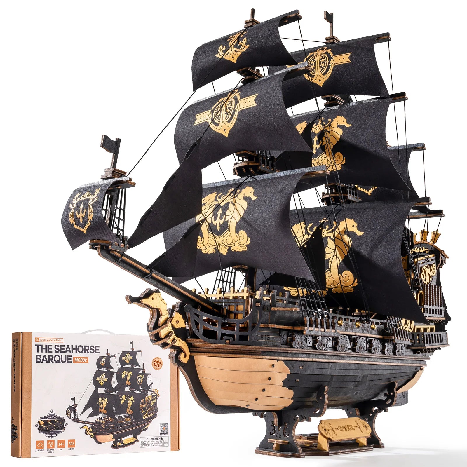 ROKR Seahorse Barque Wooden 3D Puzzle — DIY Sailboat Model Building Kit
