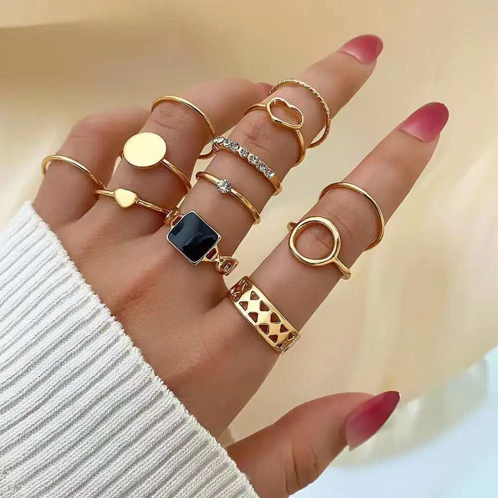12-Piece Geometric Ring Set — Adjustable Punk Style Metal Jewelry