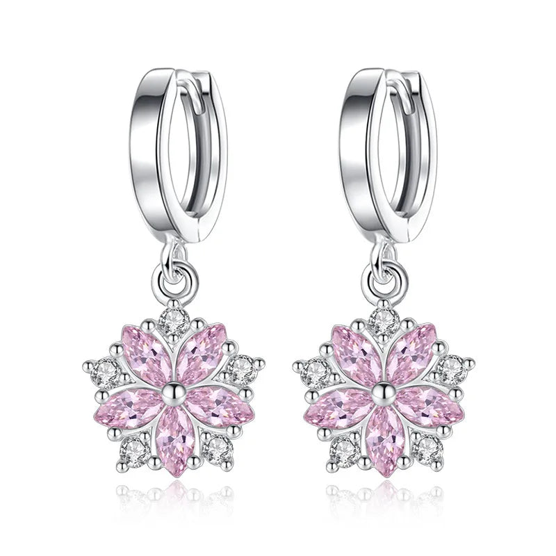 Pink Petal Zircon Jewelry Set — Sterling Silver Ring and Stud Earrings