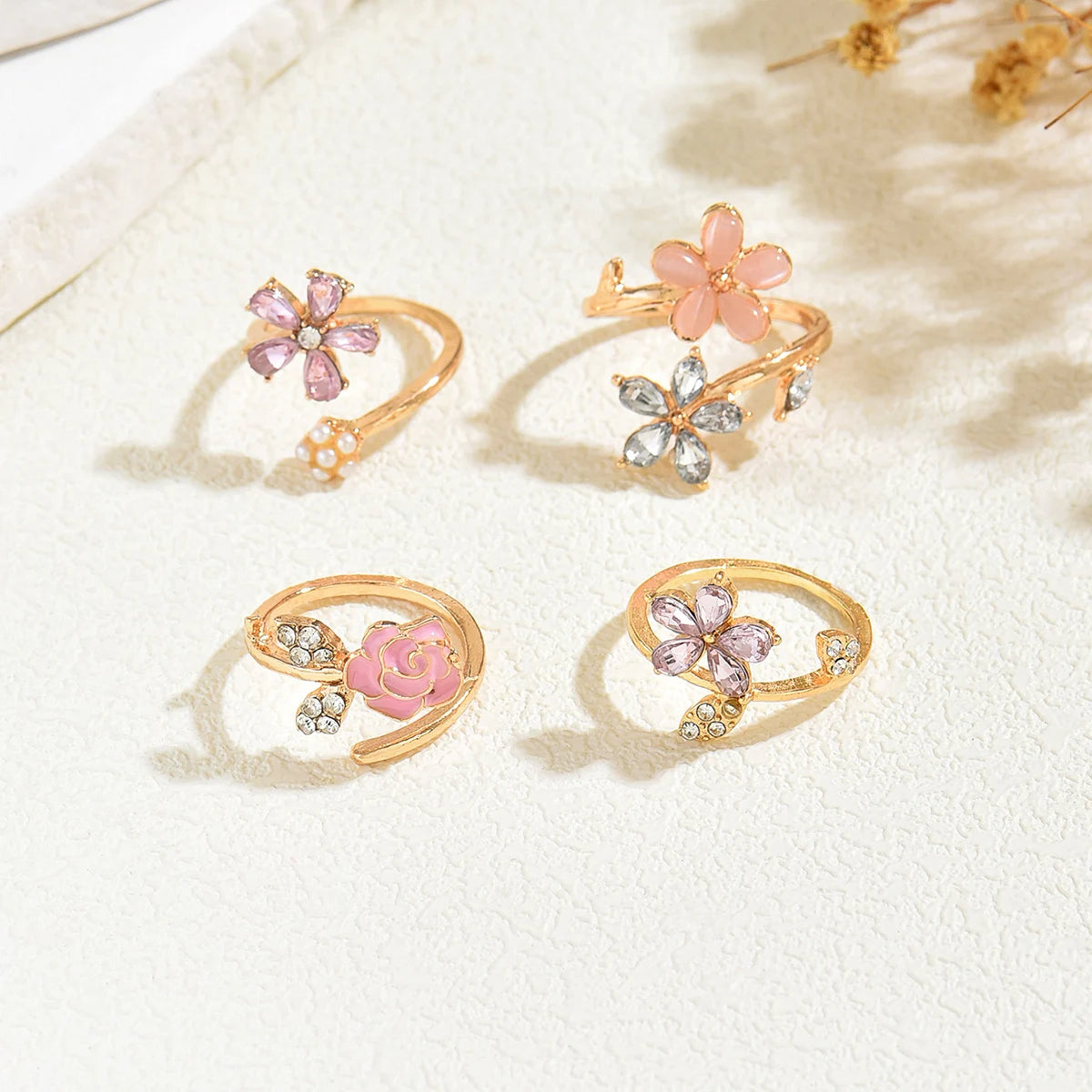 Obega Romantic Flower Ring Set — Rose Enamel & Crystal Stackable Rings