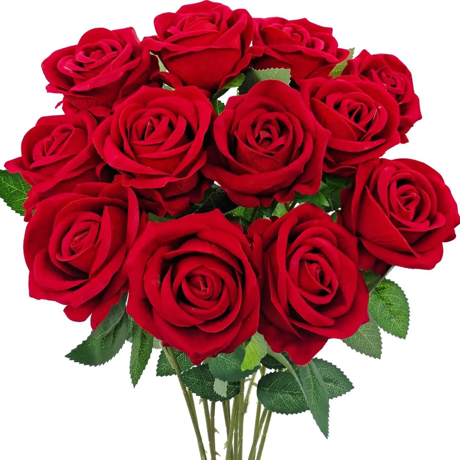 Velvet Artificial Rose Bouquet — 12 Piece Long Stem Faux Flowers for Decor