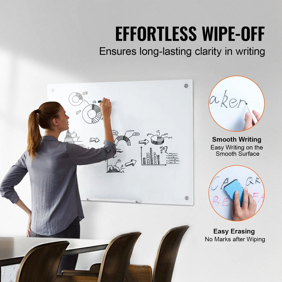 Magnetic Glass Whiteboard — Large Frameless Dry Erase Board, 36"x24"