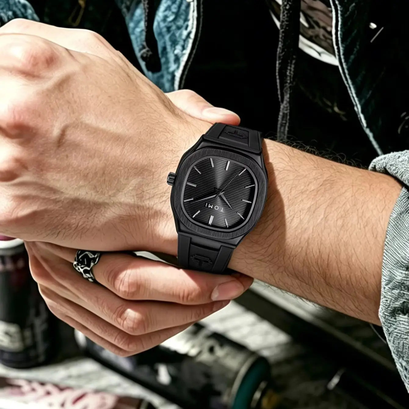 TOMI Men's Quartz Watch — Luxury Square Dial with Rubber Strap