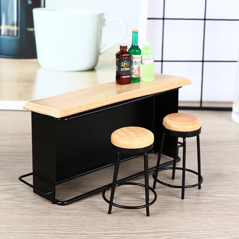 Miniature Bar Counter and Stool Set — 1:12 Scale Dollhouse Kitchen Furniture