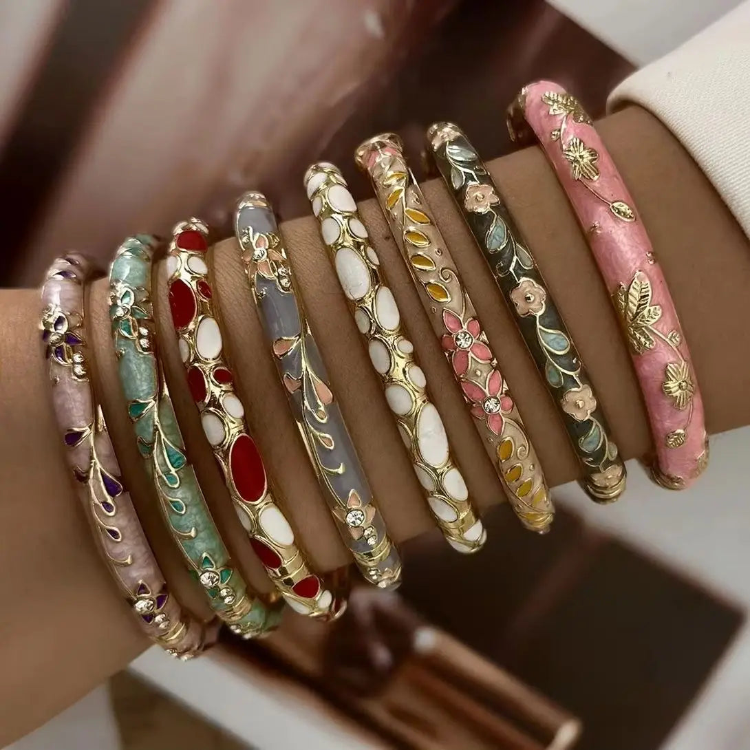 Boho Ethnic Cloisonne Enamel Flower Bracelets — Multicolor Floral Stacking Bangles