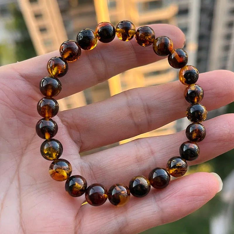Yoowei Natural Baltic Amber Bracelet — Round Piebald Gemstone Jewelry