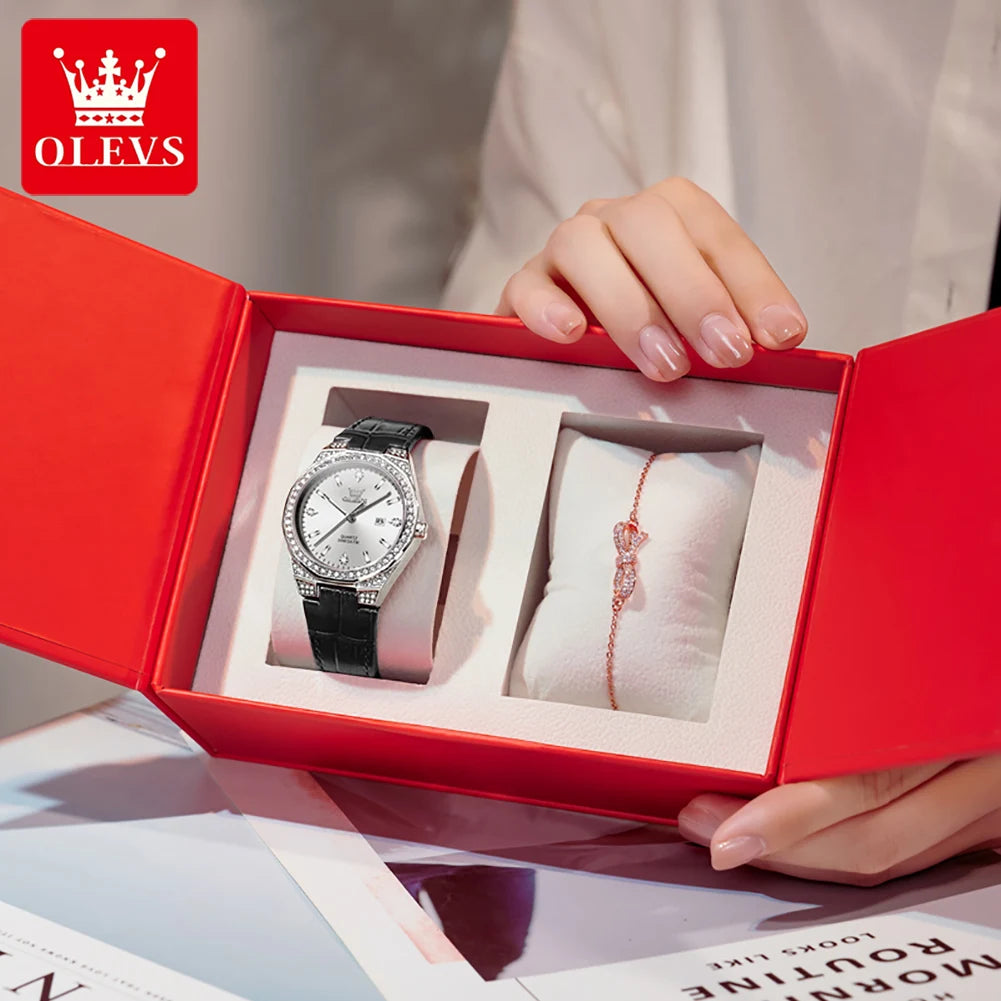 OLEVS Women's Luxury Quartz Watch — Diamond Lap Fashion Leather Strap