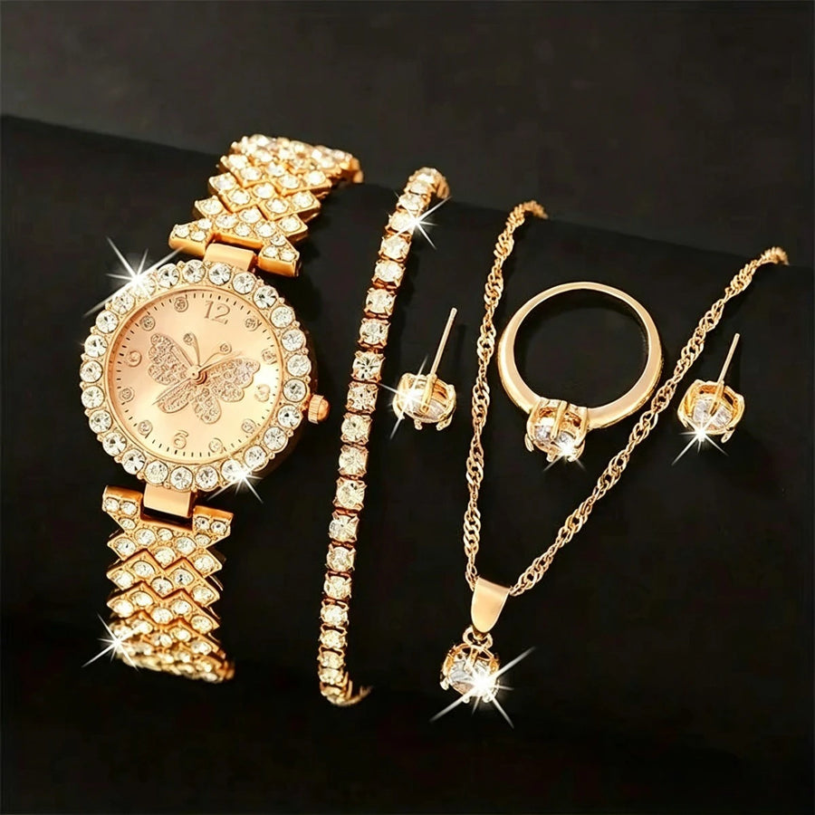 Luxury Rhinestone Butterfly Jewelry Set — Women's Quartz Watch & Accessories
