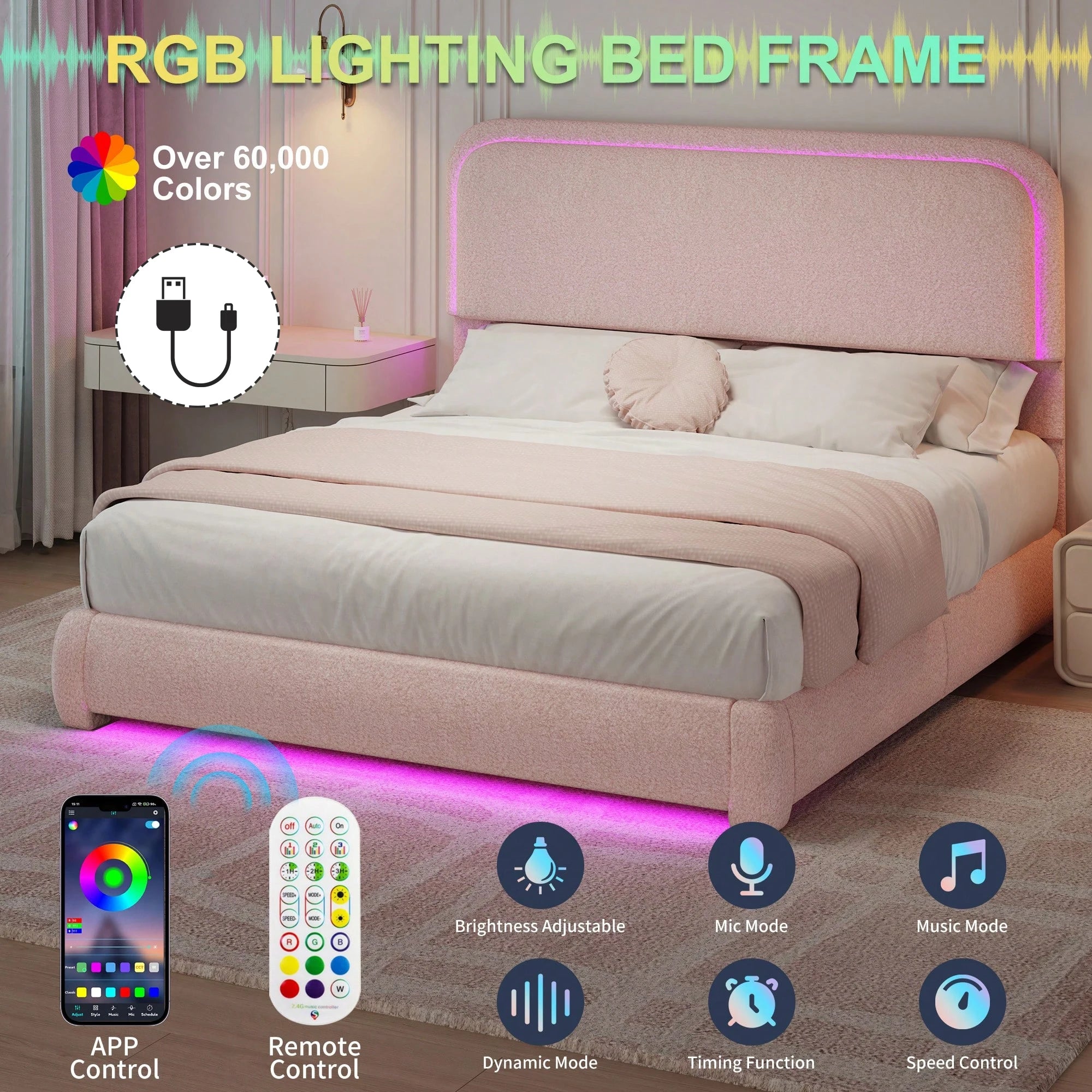 SIBEDS Teddy Fleece Upholstered Bed Frame — Modern Cloud Design with LED Lights