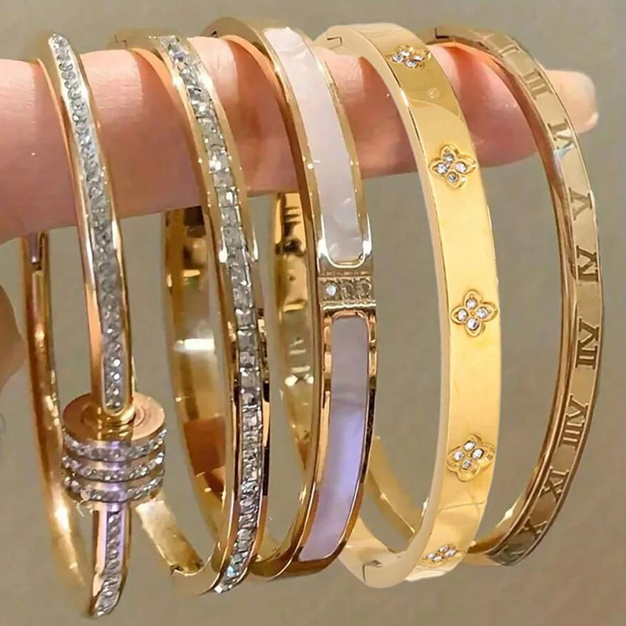 Sparkling Zirconia Stainless Steel Bracelet Set — Stackable Cuff Bangles for Women