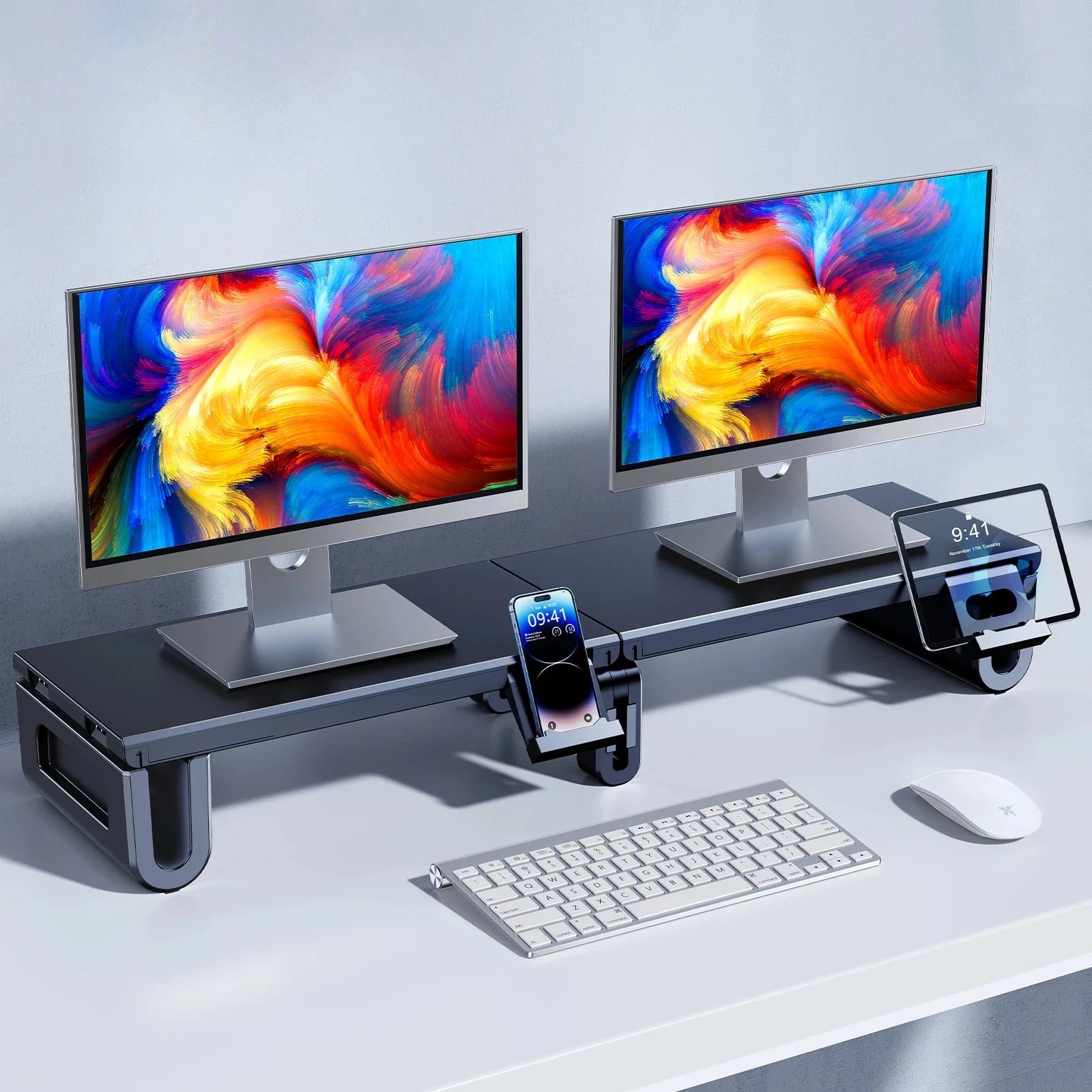 Dual Monitor Stand Riser — Adjustable Desktop Organizer with Phone Holder