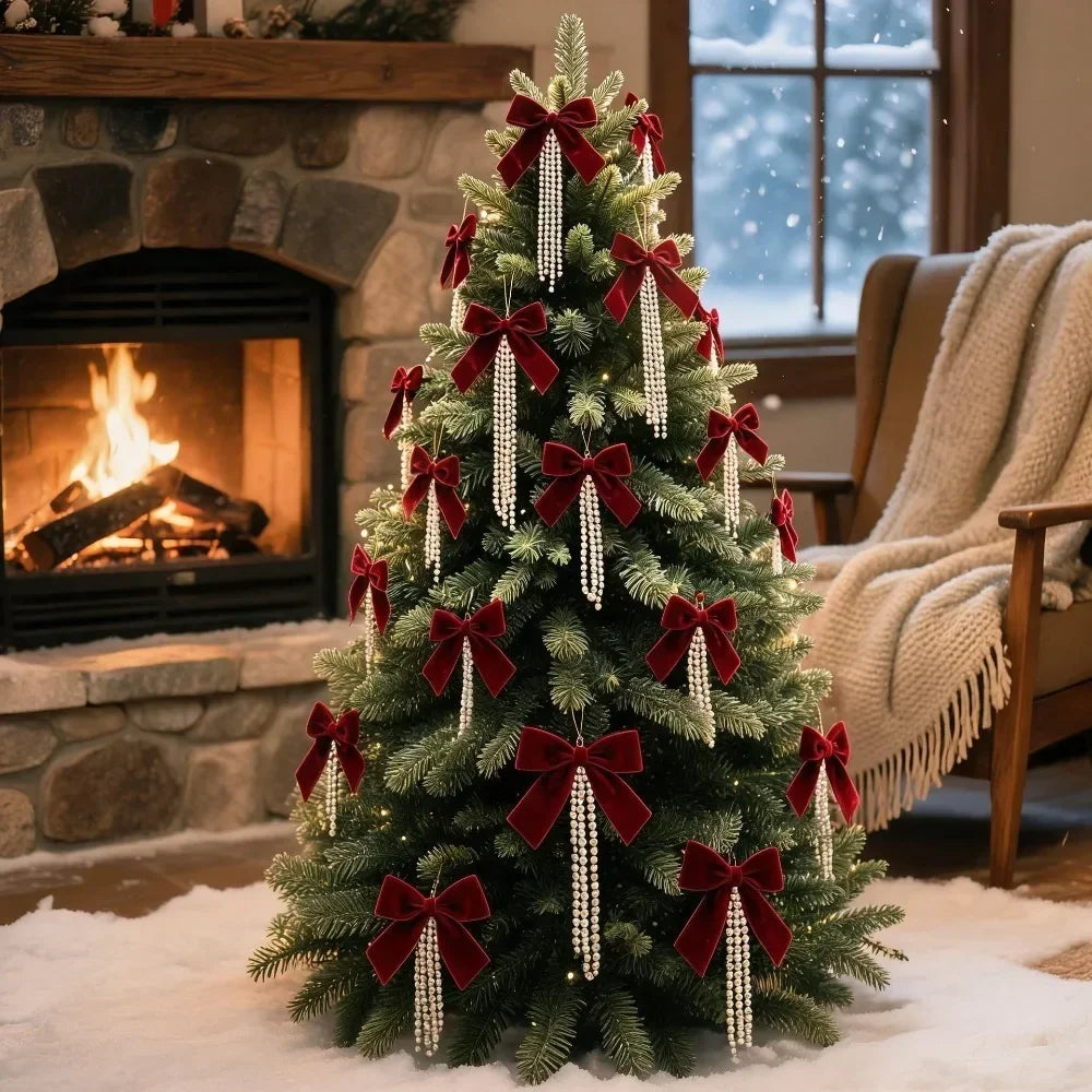 Pearl Flocking Bow Ornament — Festive Holiday Tree Hanging Pendant