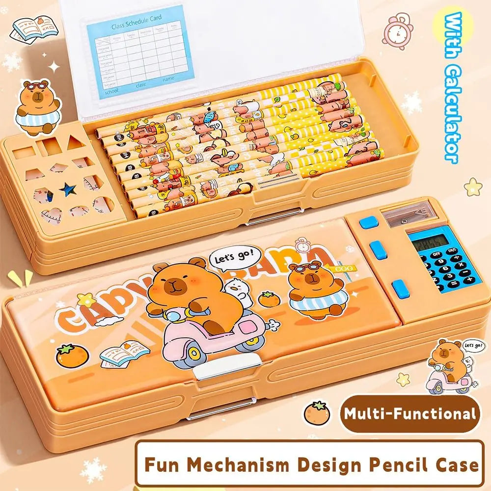 Multifunctional Plastic Pencil Case — Built-in Calculator and Sharpener