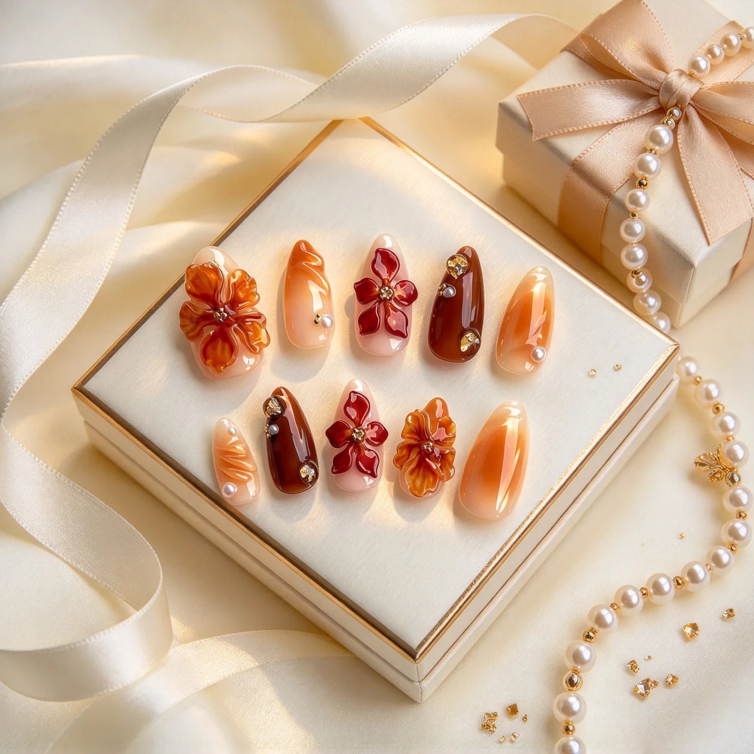 Short Almond Fall Flower Press On Nails — 3D Handmade Floral Manicure Set