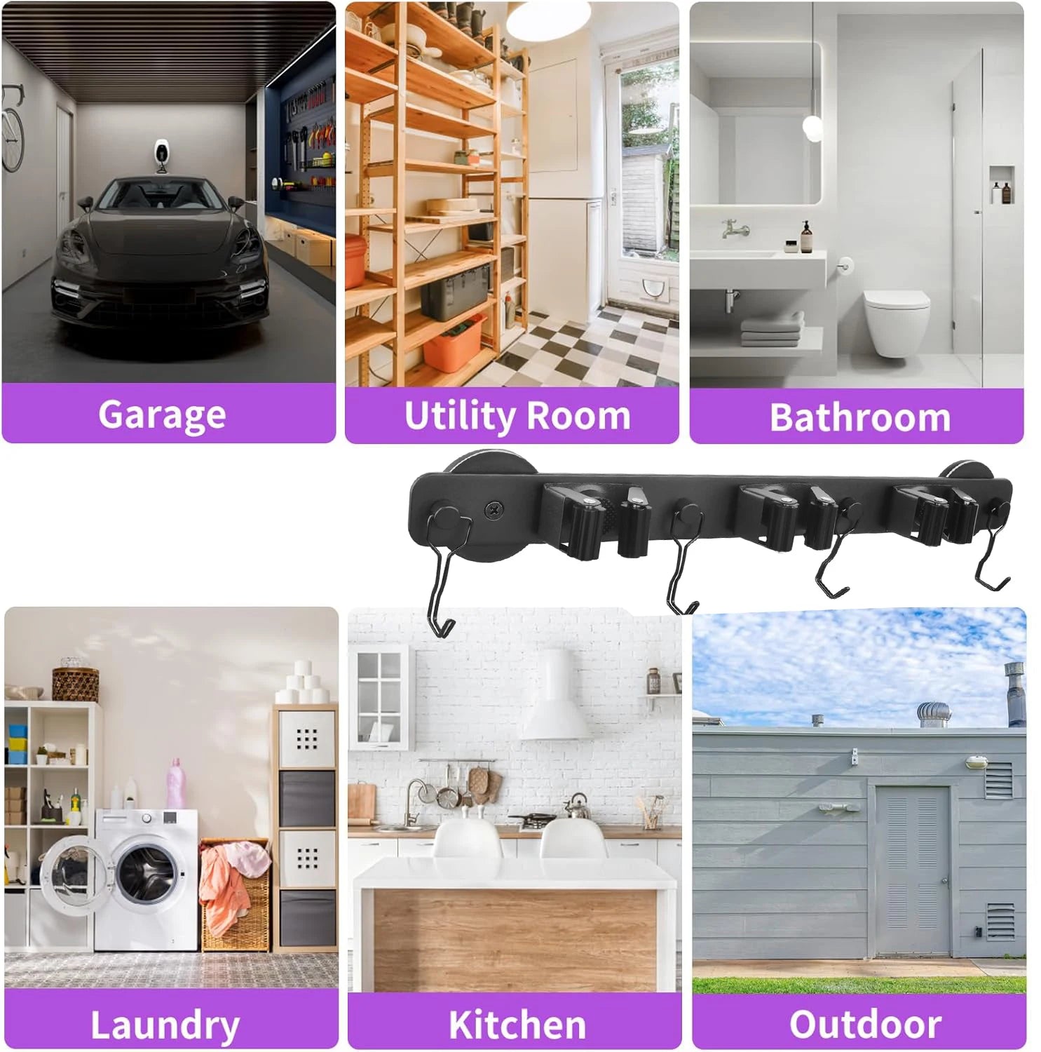 Heavy Duty Mop and Tool Organizer — No-Drill Suction Cup Rack