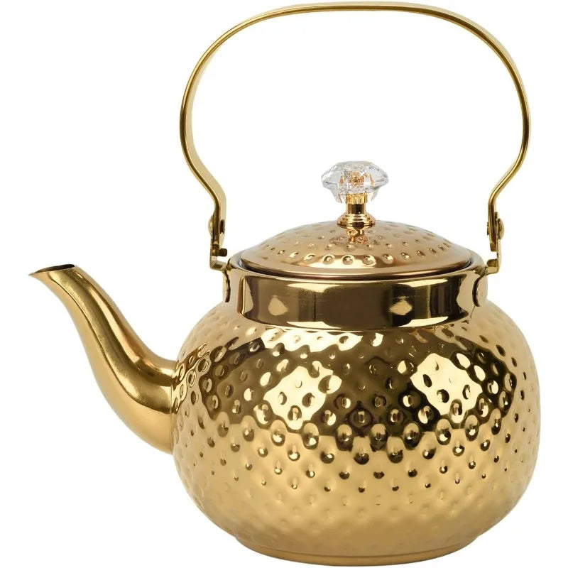 Hammered Stainless Steel Tea Kettle — Vintage Style Pot with Strainer