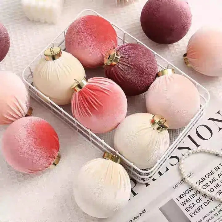 Flocked Fabric Christmas Ball Ornaments — 12-Piece Set for Holiday Decor