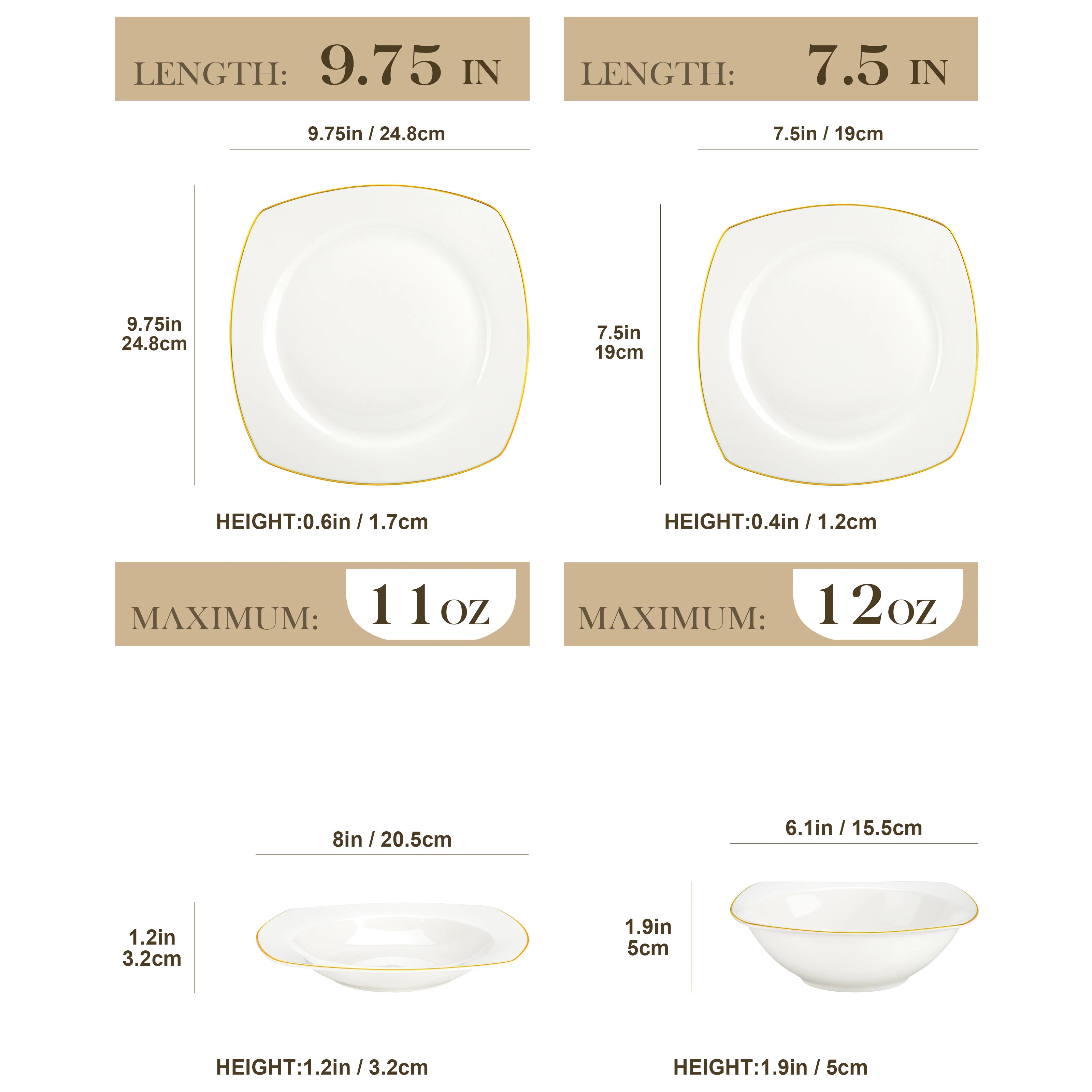 MALACASA Bone China Dinnerware Set — Elegant Golden Rim Tableware for 4