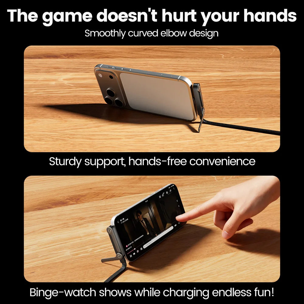 elough 65W Fast Charging Cable — 2-in-1 USB-C Data Wire with Foldable Phone Holder